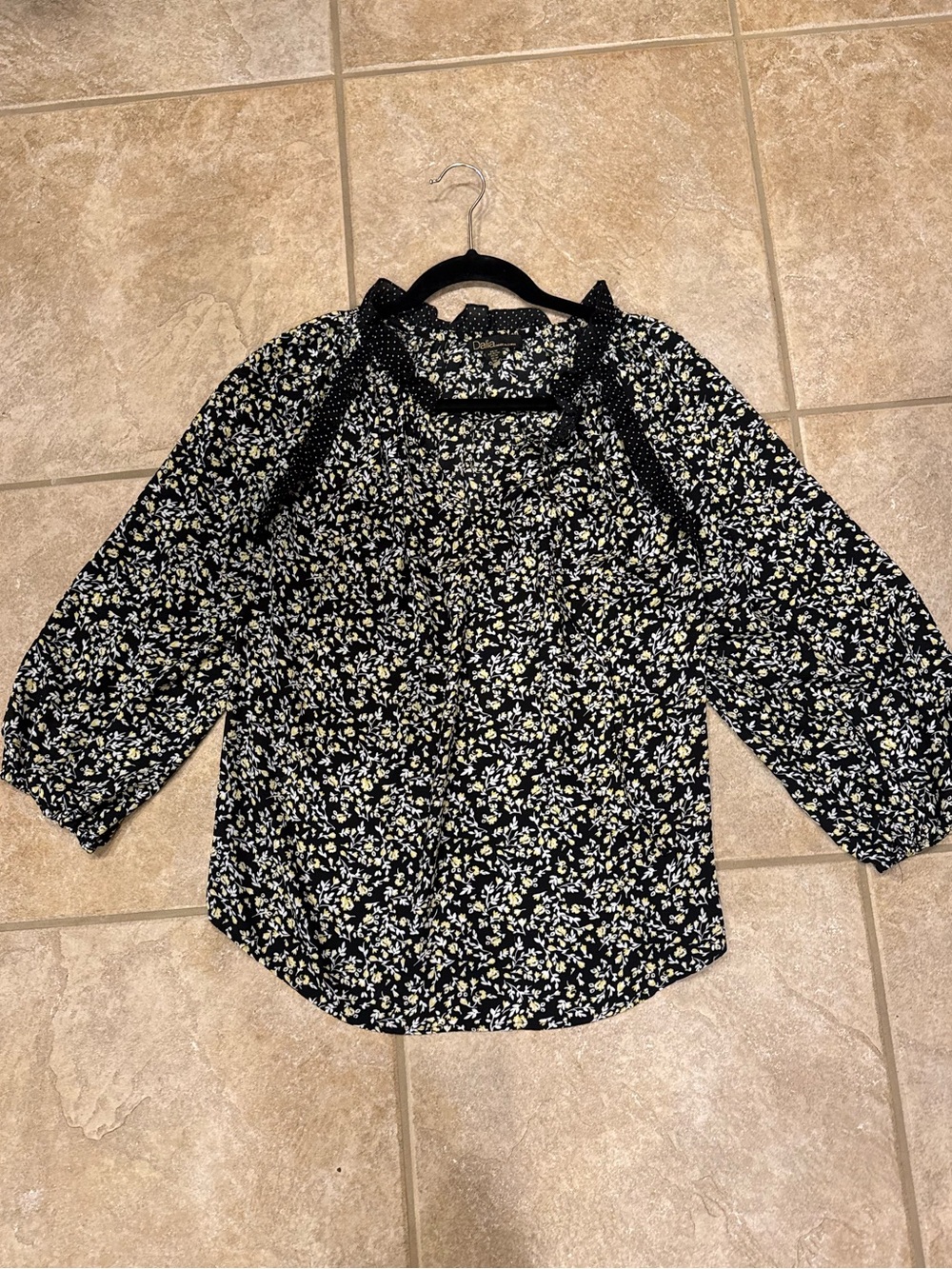 Dalia Black Floral Tie-Neck Blouse with White and Pale Yellow Accents